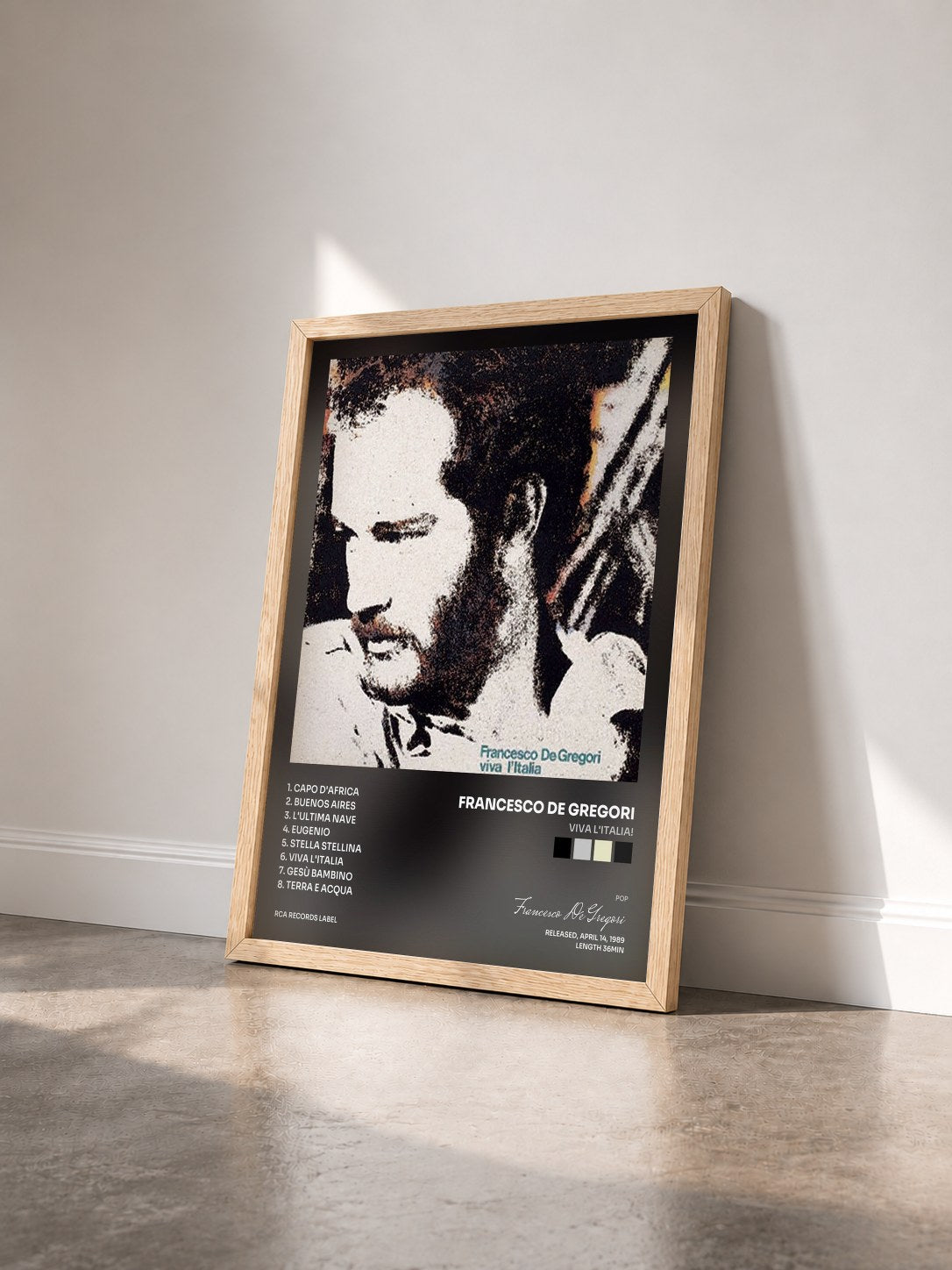 #bois Tableau de l'album Viva L'Italia! de Francesco De Gregori vu de trois quarts, cadre en bois brut