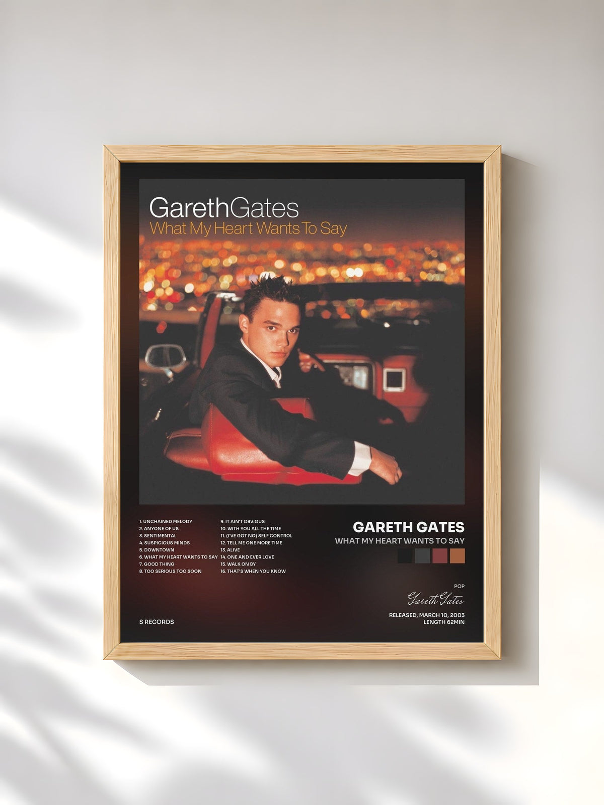 #bois Tableau de l'album What My Heart Wants To Say de Gareth Gates, cadre en bois brut, imprimé et encadré en France