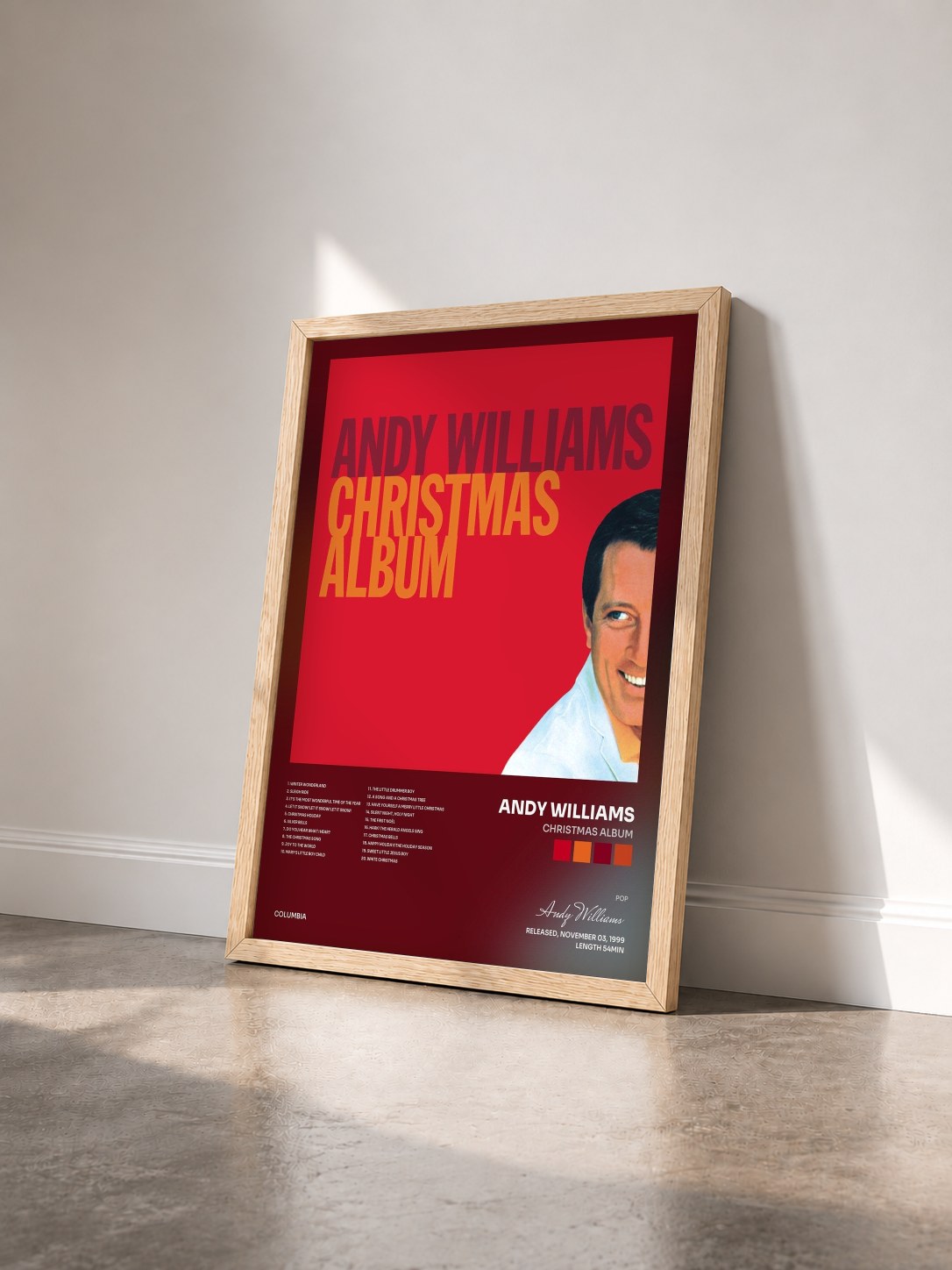 #bois Tableau de l'album Christmas Album de Andy Williams vu de trois quarts, cadre en bois brut