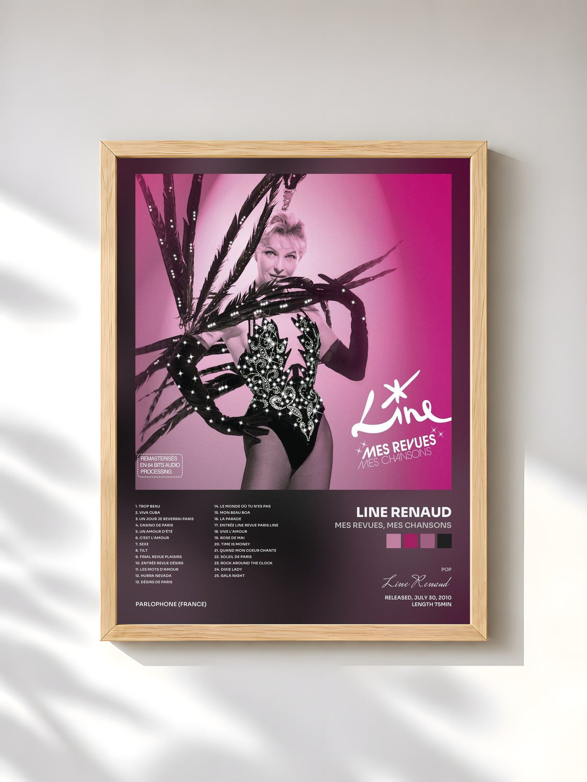 #bois Tableau de l'album Mes revues, mes chansons de Line Renaud, cadre en bois brut, imprimé et encadré en France