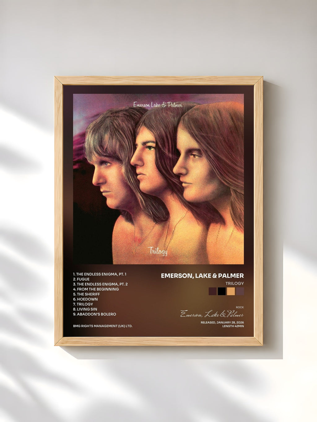 #bois Tableau de l'album Trilogy de Emerson, Lake & Palmer, cadre en bois brut, imprimé et encadré en France
