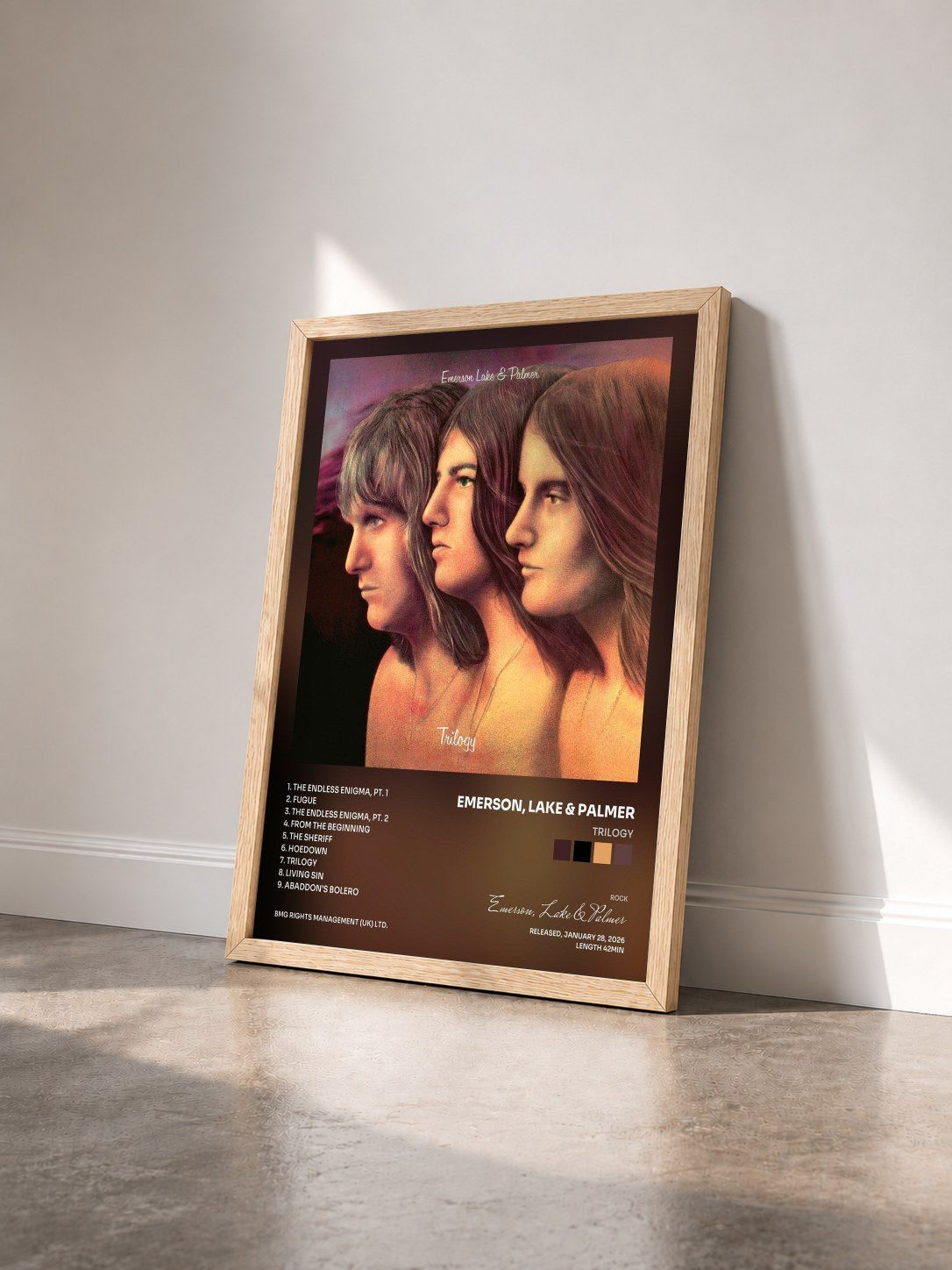 #bois Tableau de l'album Trilogy de Emerson, Lake & Palmer vu de trois quarts, cadre en bois brut