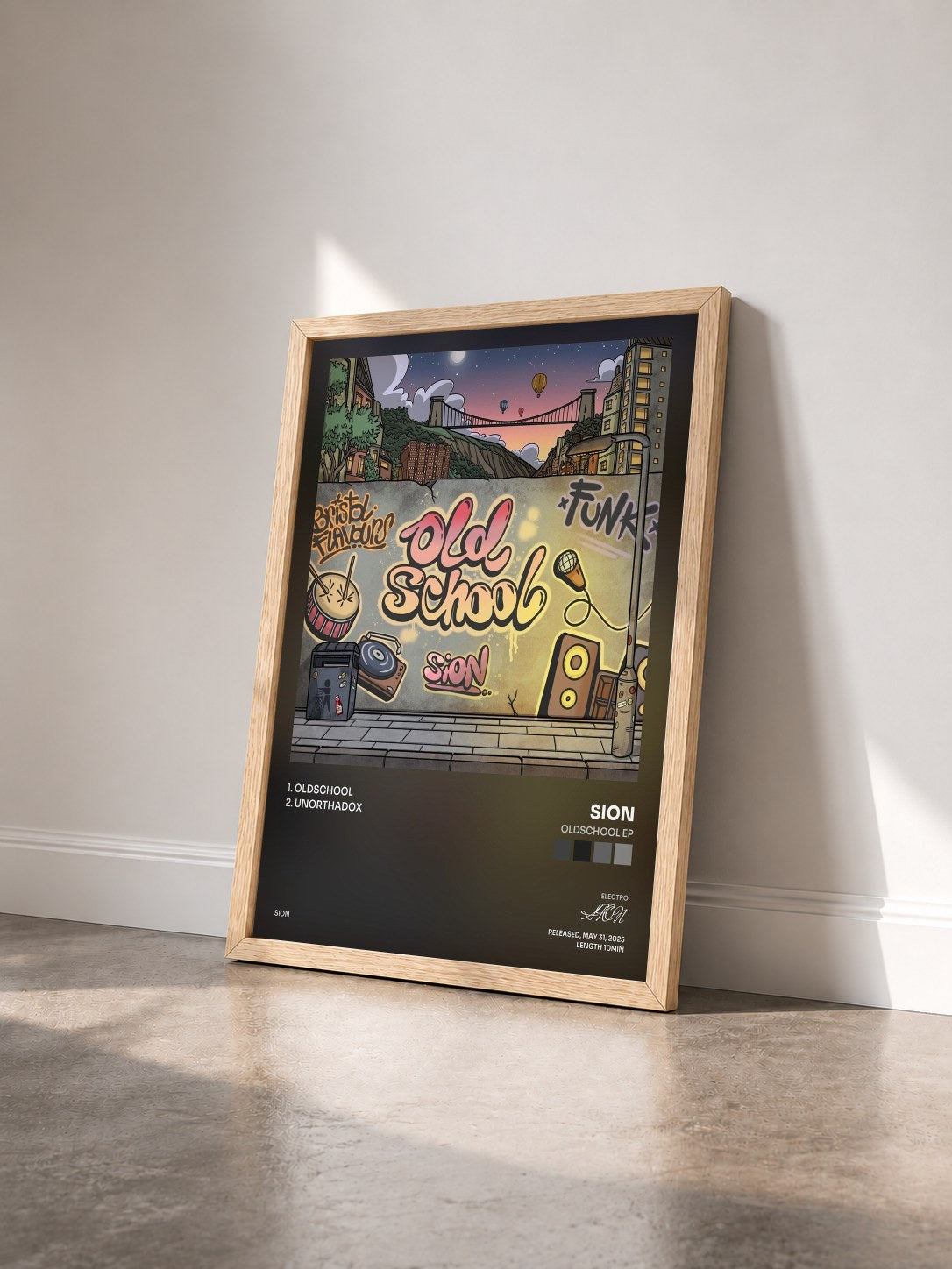 #bois Tableau de l'album Oldschool EP de SION vu de trois quarts, cadre en bois brut