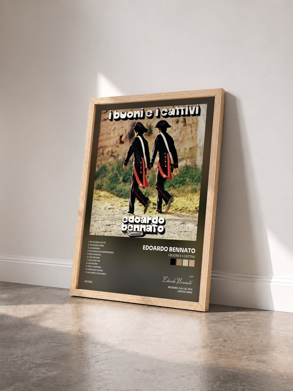 #bois Tableau de l'album I Buoni E I Cattivi de Edoardo Bennato vu de trois quarts, cadre en bois brut