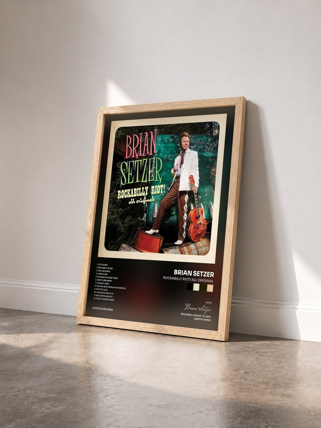 #bois Tableau de l'album Rockabilly Riot! All Original de Brian Setzer vu de trois quarts, cadre en bois brut