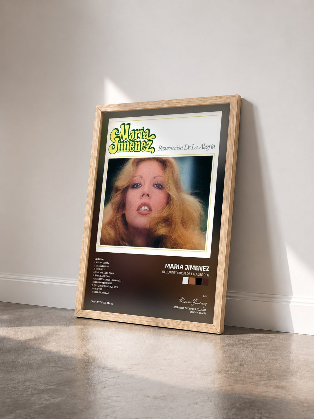 #bois Tableau de l'album Resurreccion de la alegria de Maria Jimenez vu de trois quarts, cadre en bois brut