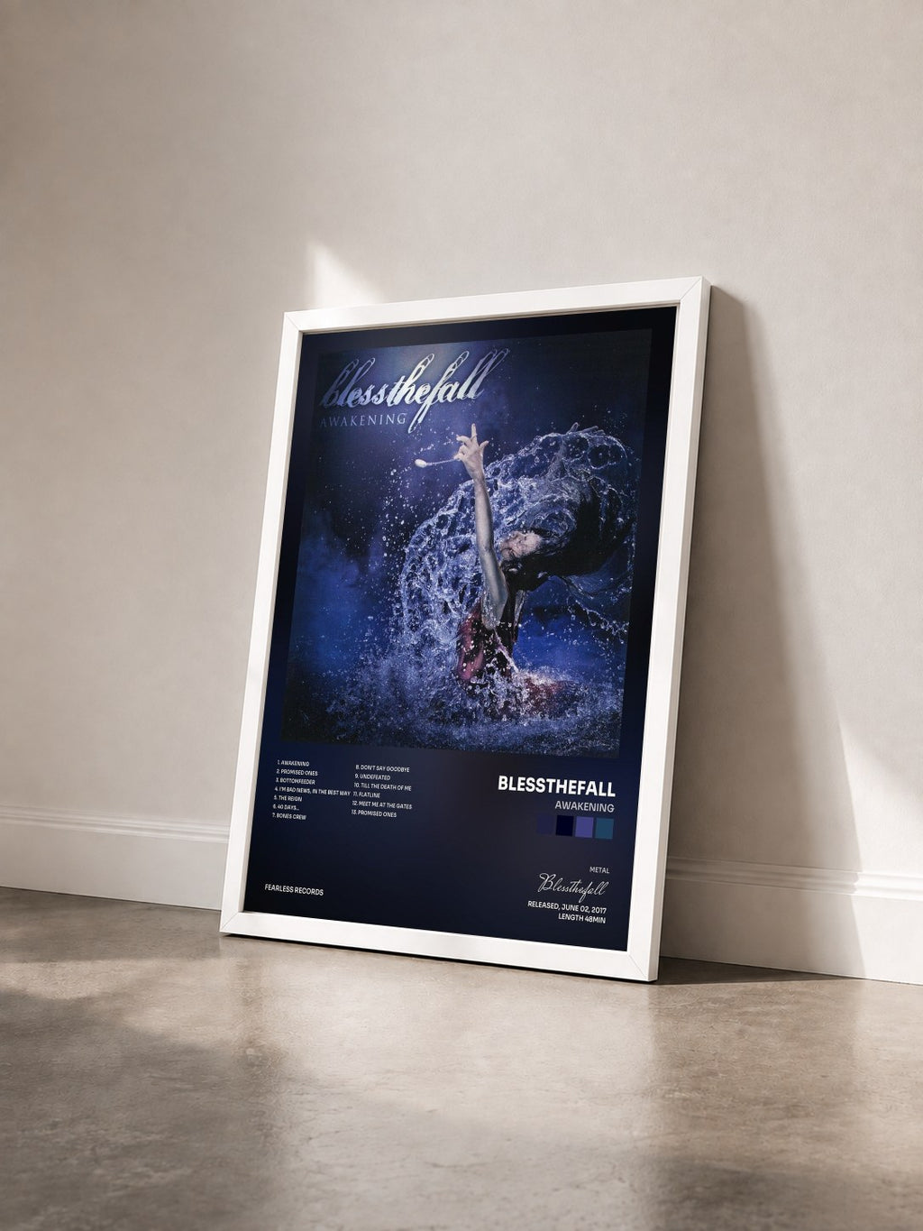 #blanc Tableau de l'album Awakening de Blessthefall vu de trois quarts, cadre blanc