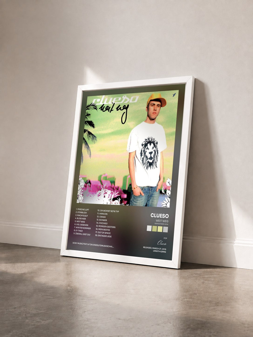#blanc Tableau de l'album Weit weg (Remastered 2014) de Clueso vu de trois quarts, cadre blanc