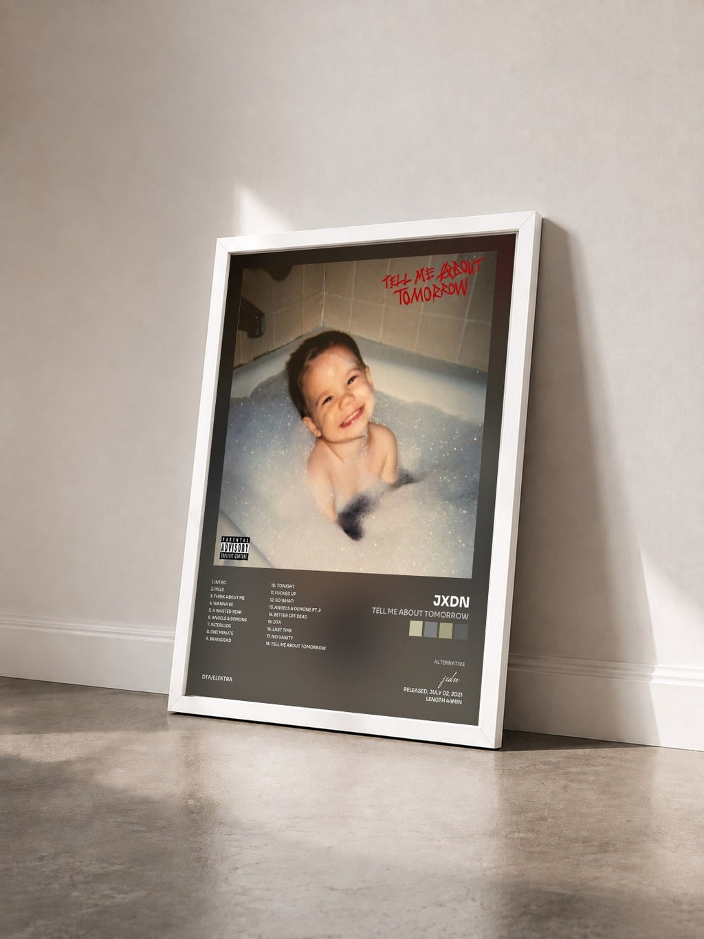 #blanc Tableau de l'album Tell Me About Tomorrow de jxdn vu de trois quarts, cadre blanc