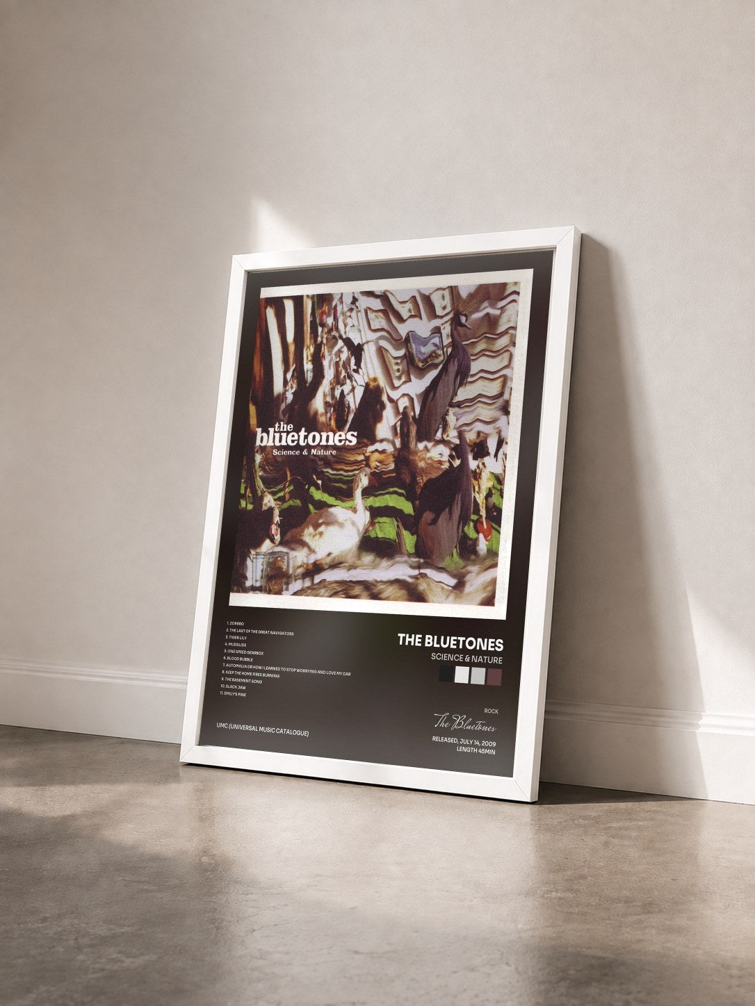 #blanc Tableau de l'album Science & Nature de The Bluetones vu de trois quarts, cadre blanc