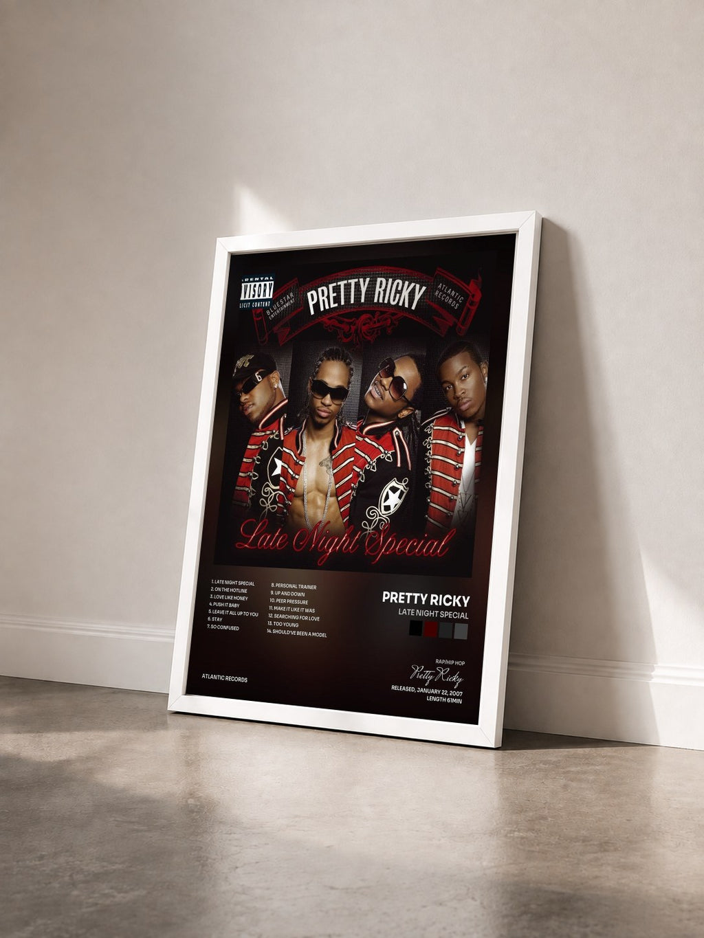 #blanc Tableau de l'album Late Night Special de Pretty Ricky vu de trois quarts, cadre blanc