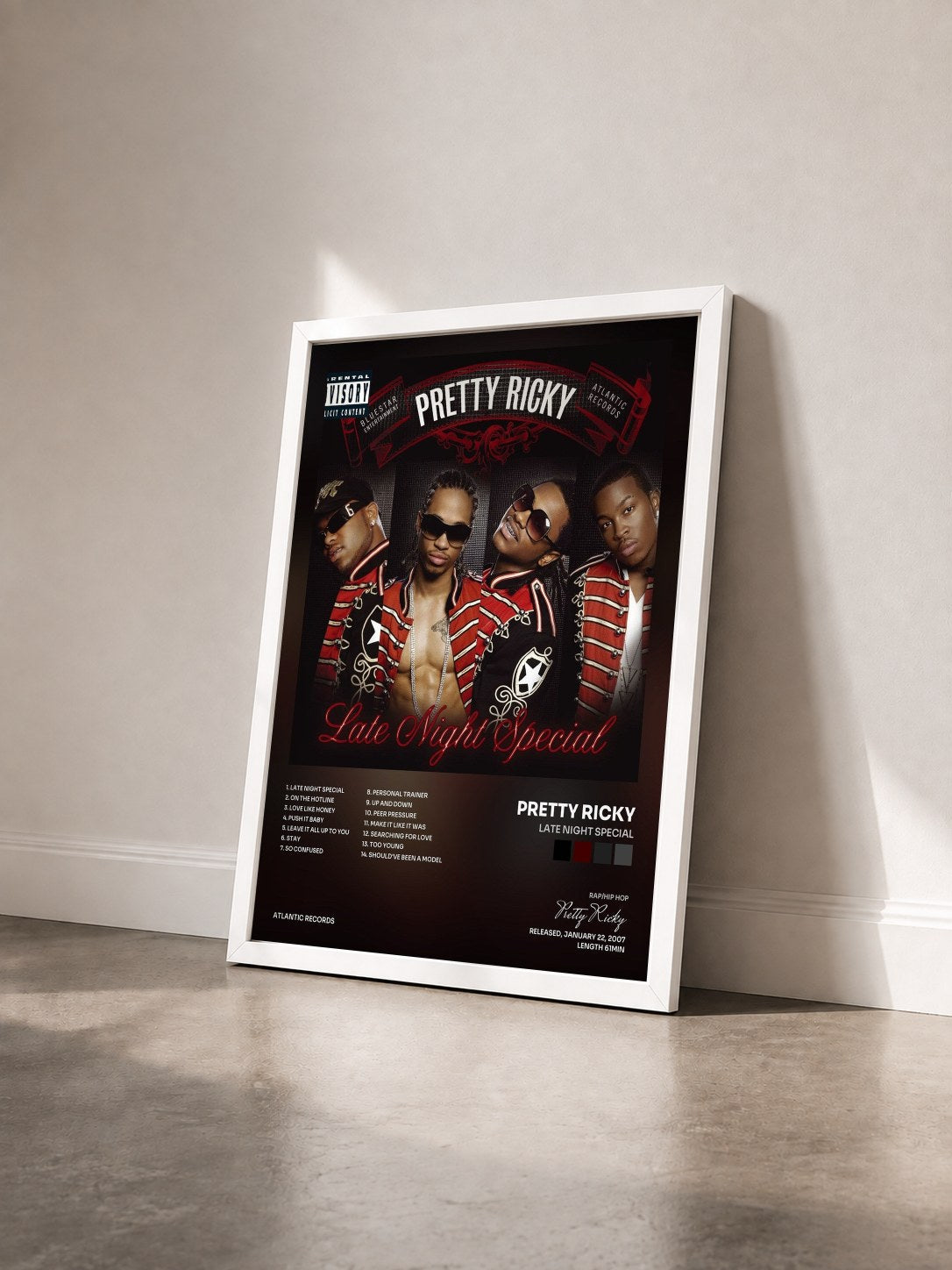 #blanc Tableau de l'album Late Night Special de Pretty Ricky vu de trois quarts, cadre blanc