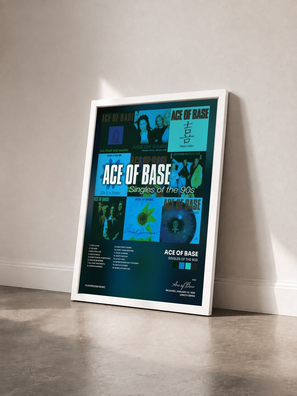#blanc Tableau de l'album Singles of the 90s de Ace of Base vu de trois quarts, cadre blanc