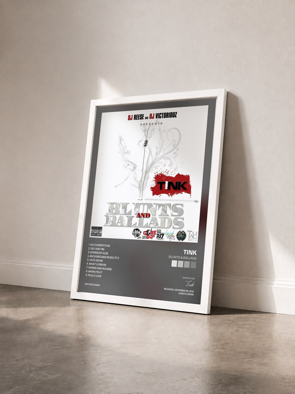 #blanc Tableau de l'album Blunts & Ballads de Tink vu de trois quarts, cadre blanc