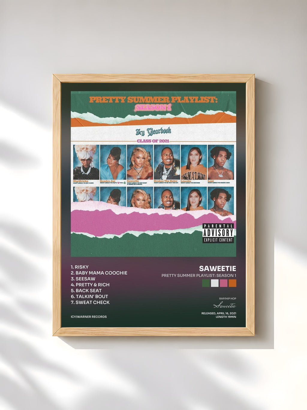 #bois Tableau de l'album Pretty Summer Playlist: Season 1 de Saweetie, cadre en bois brut, imprimé et encadré en France