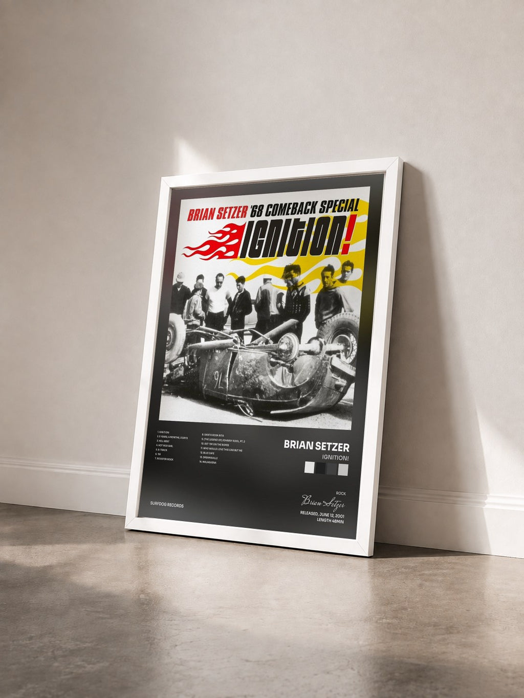 #blanc Tableau de l'album Ignition! de Brian Setzer vu de trois quarts, cadre blanc