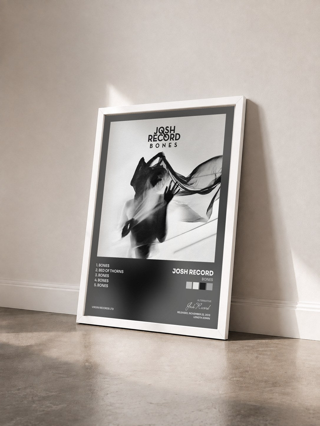 #blanc Tableau de l'album Bones de Josh Record vu de trois quarts, cadre blanc