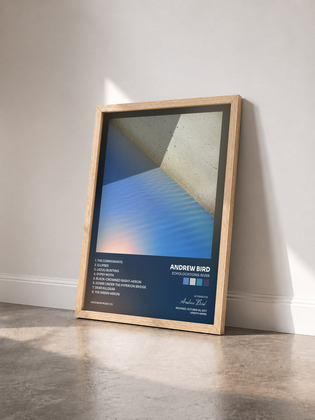 #bois Tableau de l'album Echolocations: River de Andrew Bird vu de trois quarts, cadre en bois brut