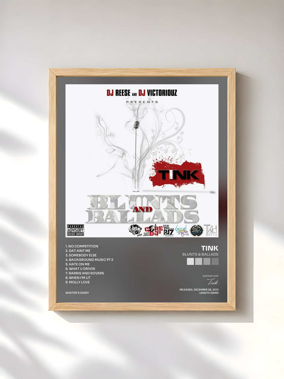 #bois Tableau de l'album Blunts & Ballads de Tink, cadre en bois brut, imprimé et encadré en France