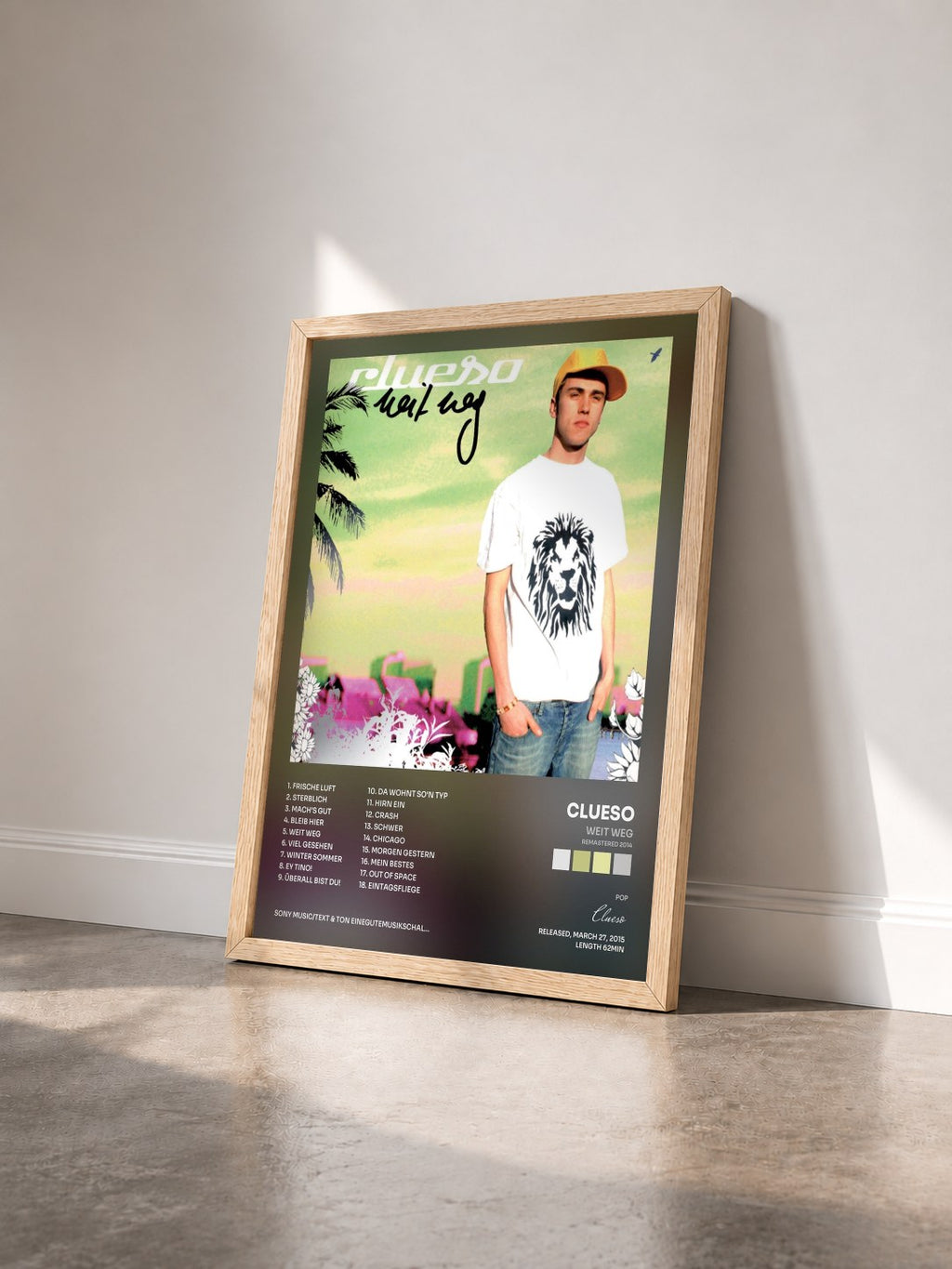 #bois Tableau de l'album Weit weg (Remastered 2014) de Clueso vu de trois quarts, cadre en bois brut