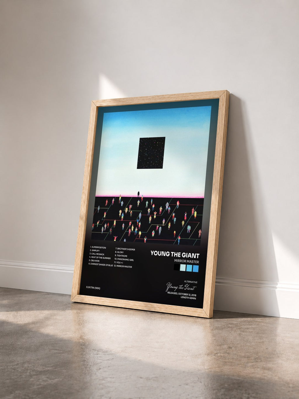 #bois Tableau de l'album Mirror Master de Young the Giant vu de trois quarts, cadre en bois brut