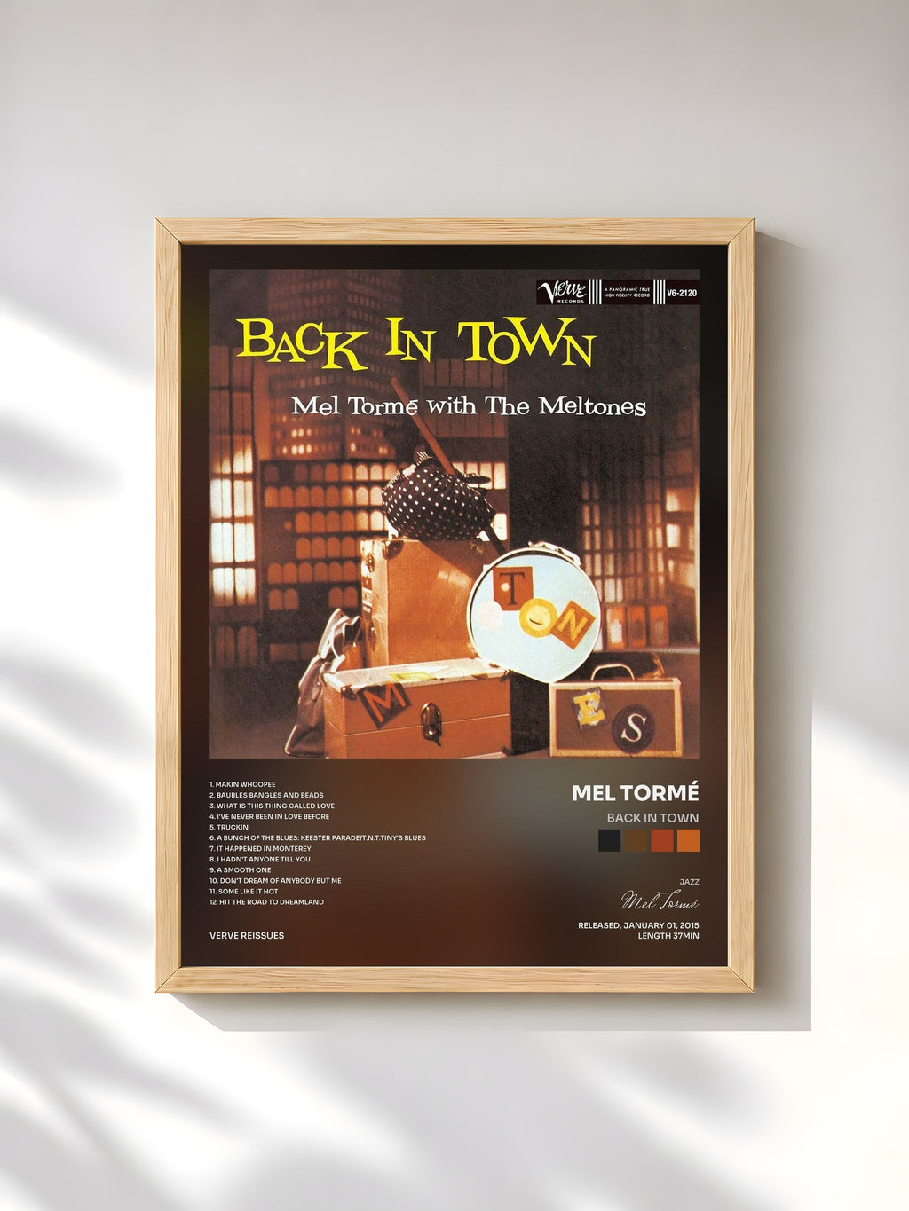 #bois Tableau de l'album Back In Town de Mel Tormé, cadre en bois brut, imprimé et encadré en France