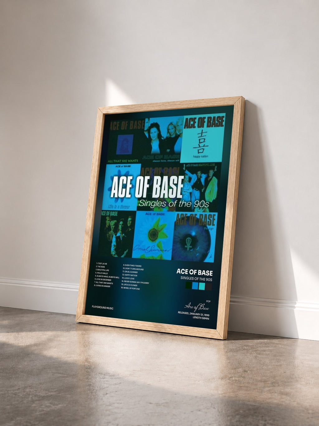 #bois Tableau de l'album Singles of the 90s de Ace of Base vu de trois quarts, cadre en bois brut
