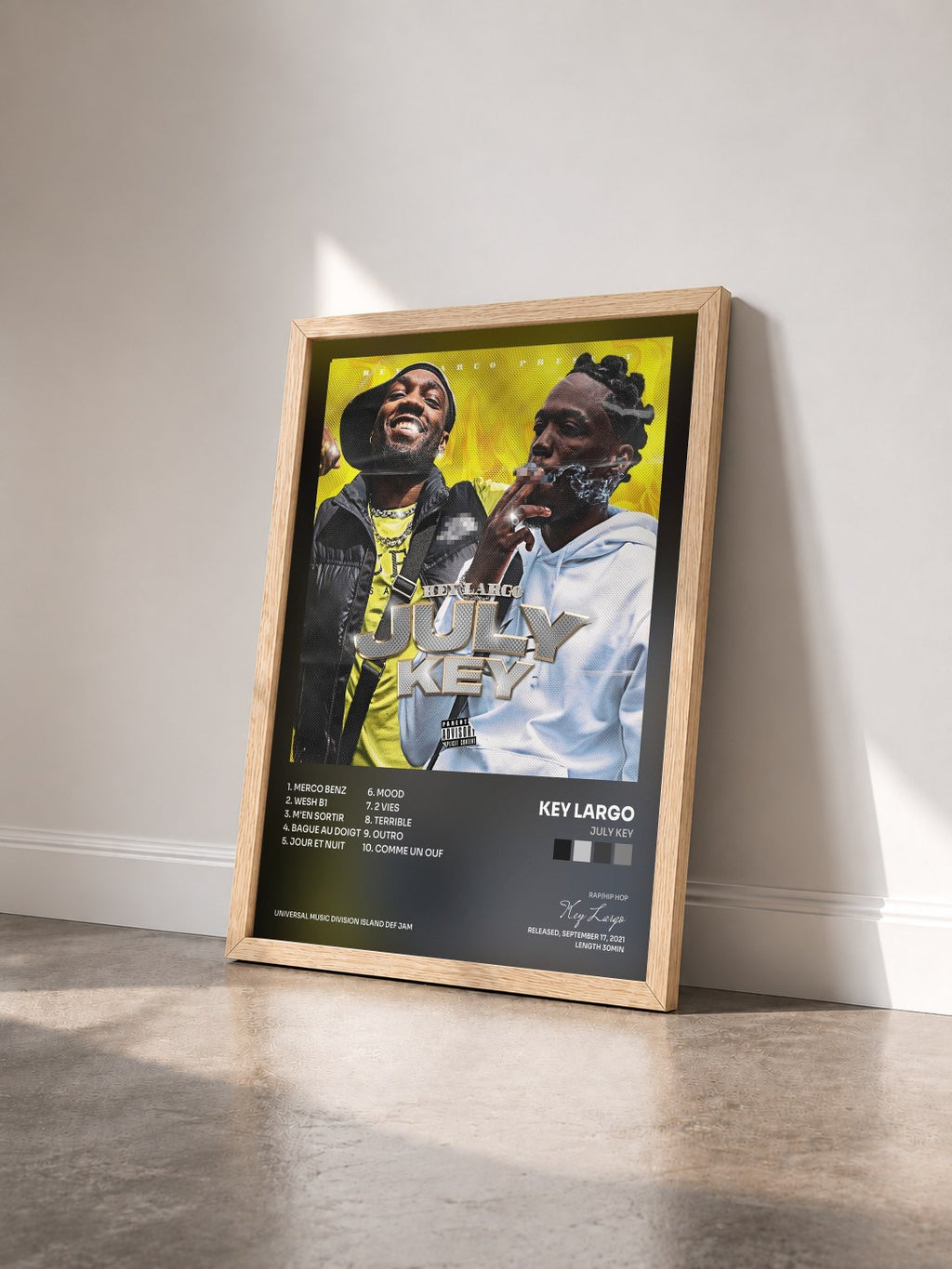 #bois Tableau de l'album July Key de Key Largo vu de trois quarts, cadre en bois brut