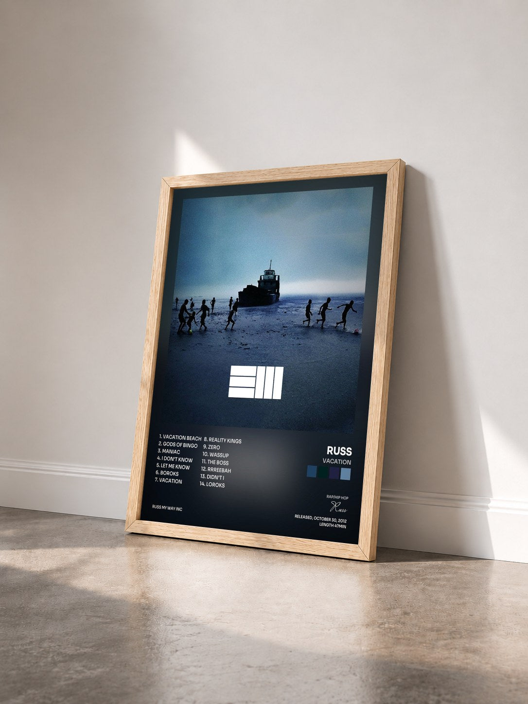 #bois Tableau de l'album Vacation de Russ vu de trois quarts, cadre en bois brut