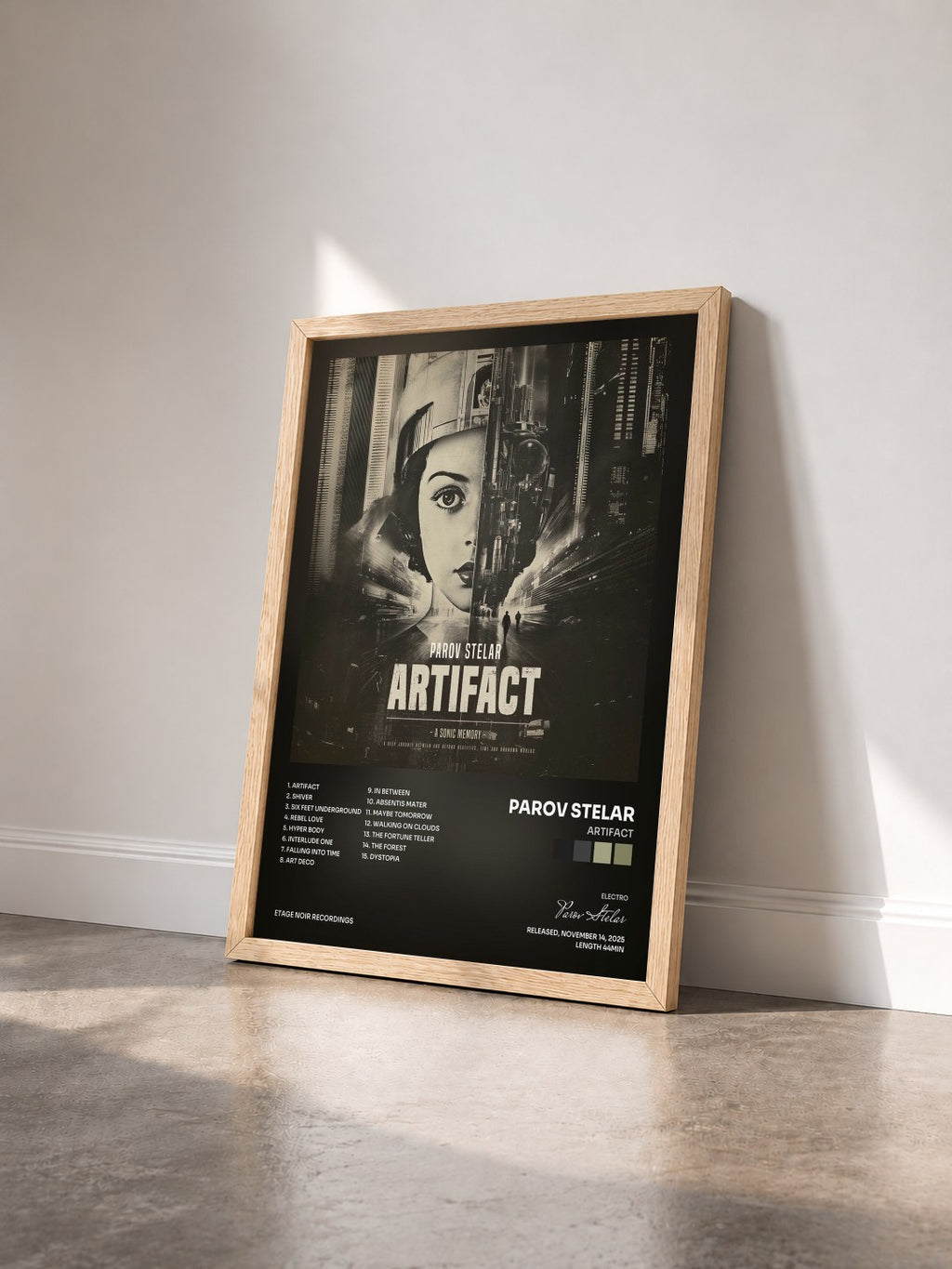 #bois Tableau de l'album Artifact de Parov Stelar vu de trois quarts, cadre en bois brut