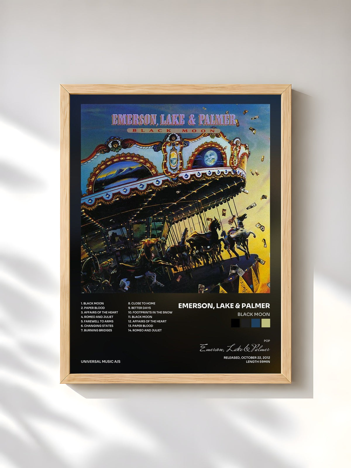 #bois Tableau de l'album Black Moon de Emerson, Lake & Palmer, cadre en bois brut, imprimé et encadré en France