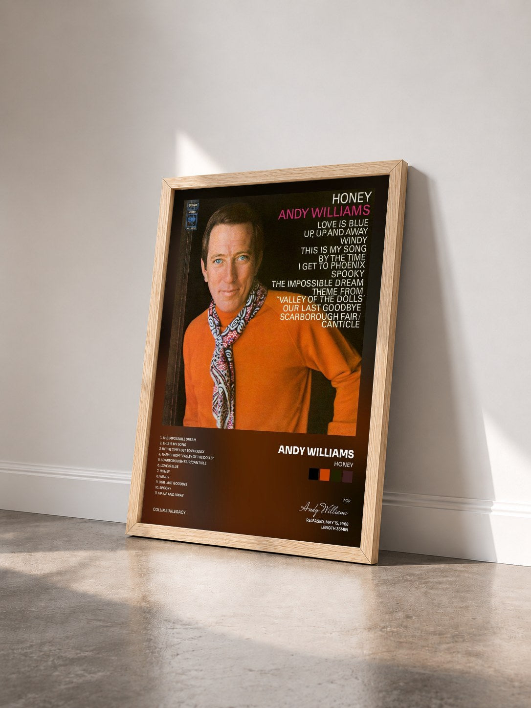 #bois Tableau de l'album Honey de Andy Williams vu de trois quarts, cadre en bois brut