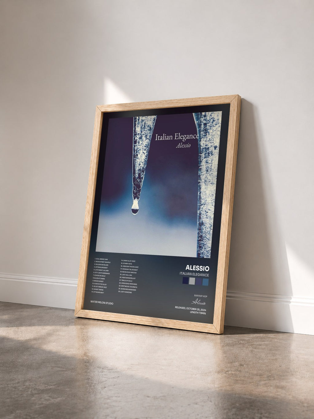 #bois Tableau de l'album Italian Elegance de Alessio vu de trois quarts, cadre en bois brut