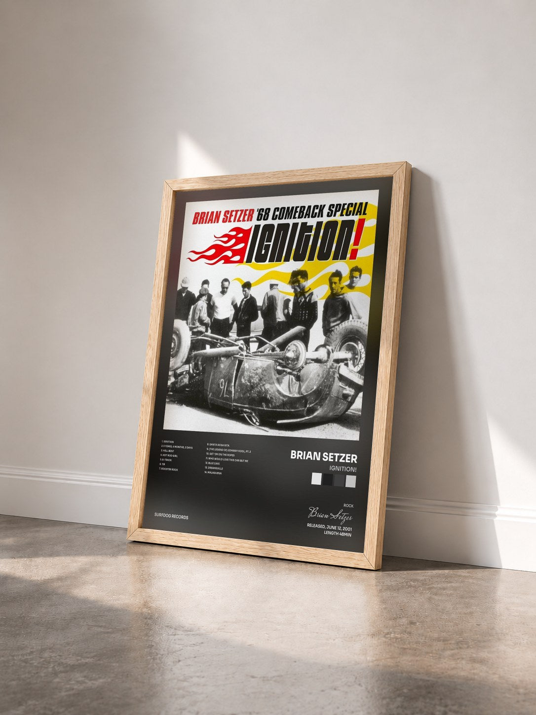 #bois Tableau de l'album Ignition! de Brian Setzer vu de trois quarts, cadre en bois brut