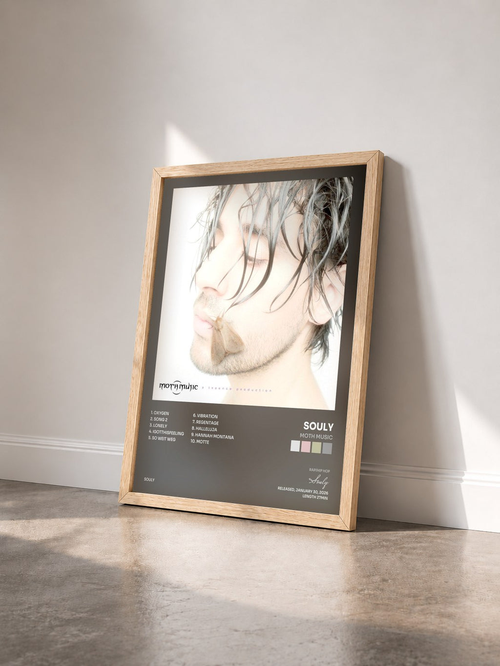 #bois Tableau de l'album Moth Music de Souly vu de trois quarts, cadre en bois brut