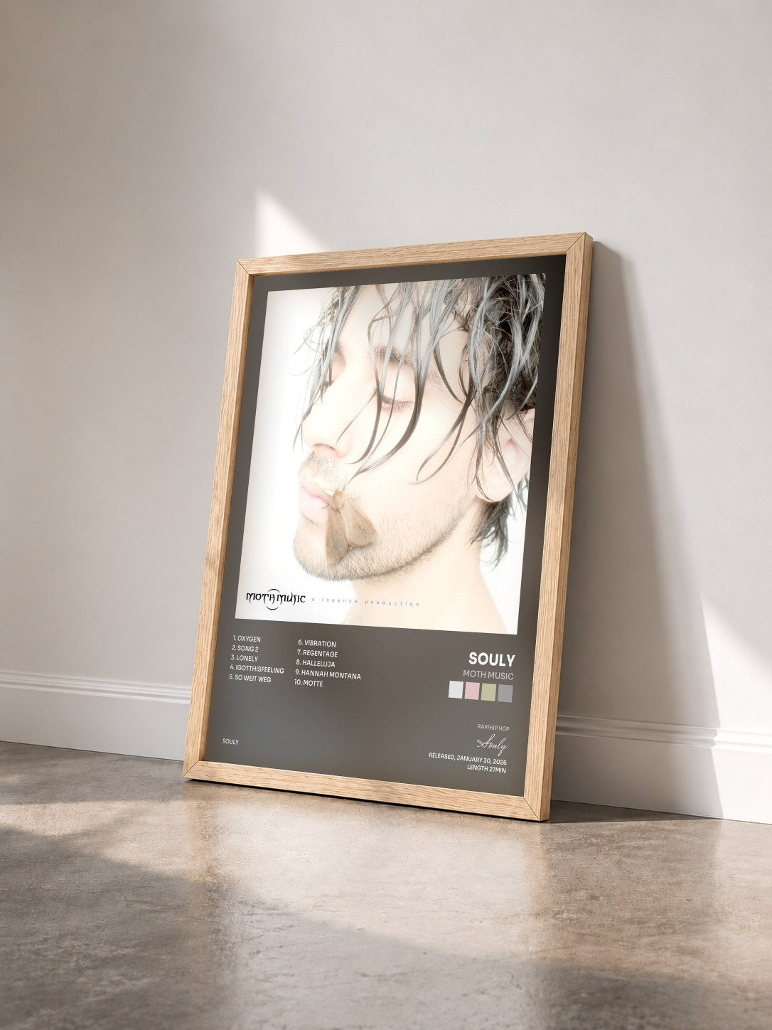 #bois Tableau de l'album Moth Music de Souly vu de trois quarts, cadre en bois brut