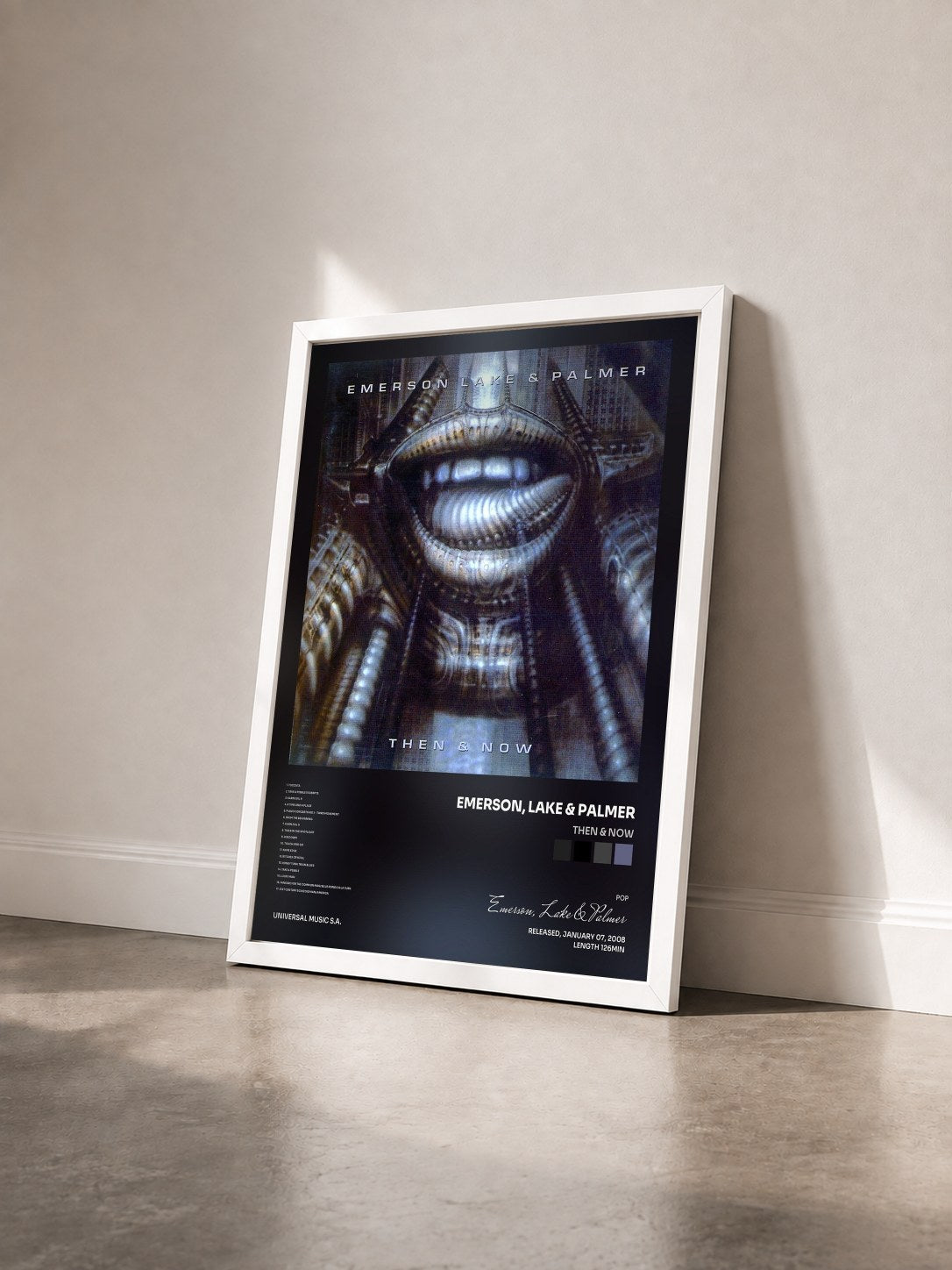 #blanc Tableau de l'album Then & Now de Emerson, Lake & Palmer vu de trois quarts, cadre blanc