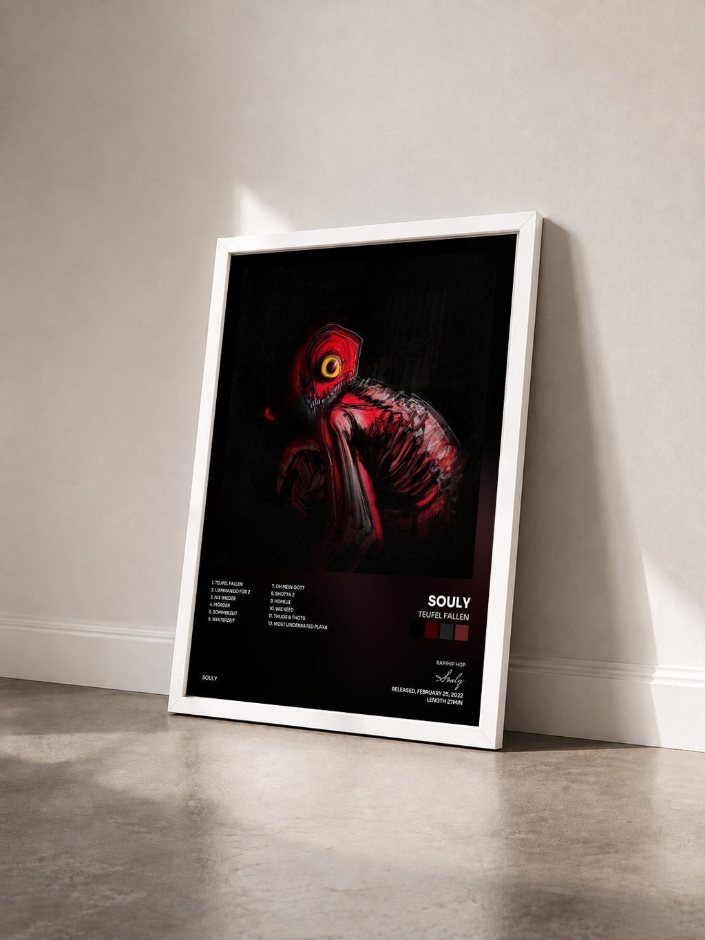 #blanc Tableau de l'album Teufel Fallen de Souly vu de trois quarts, cadre blanc