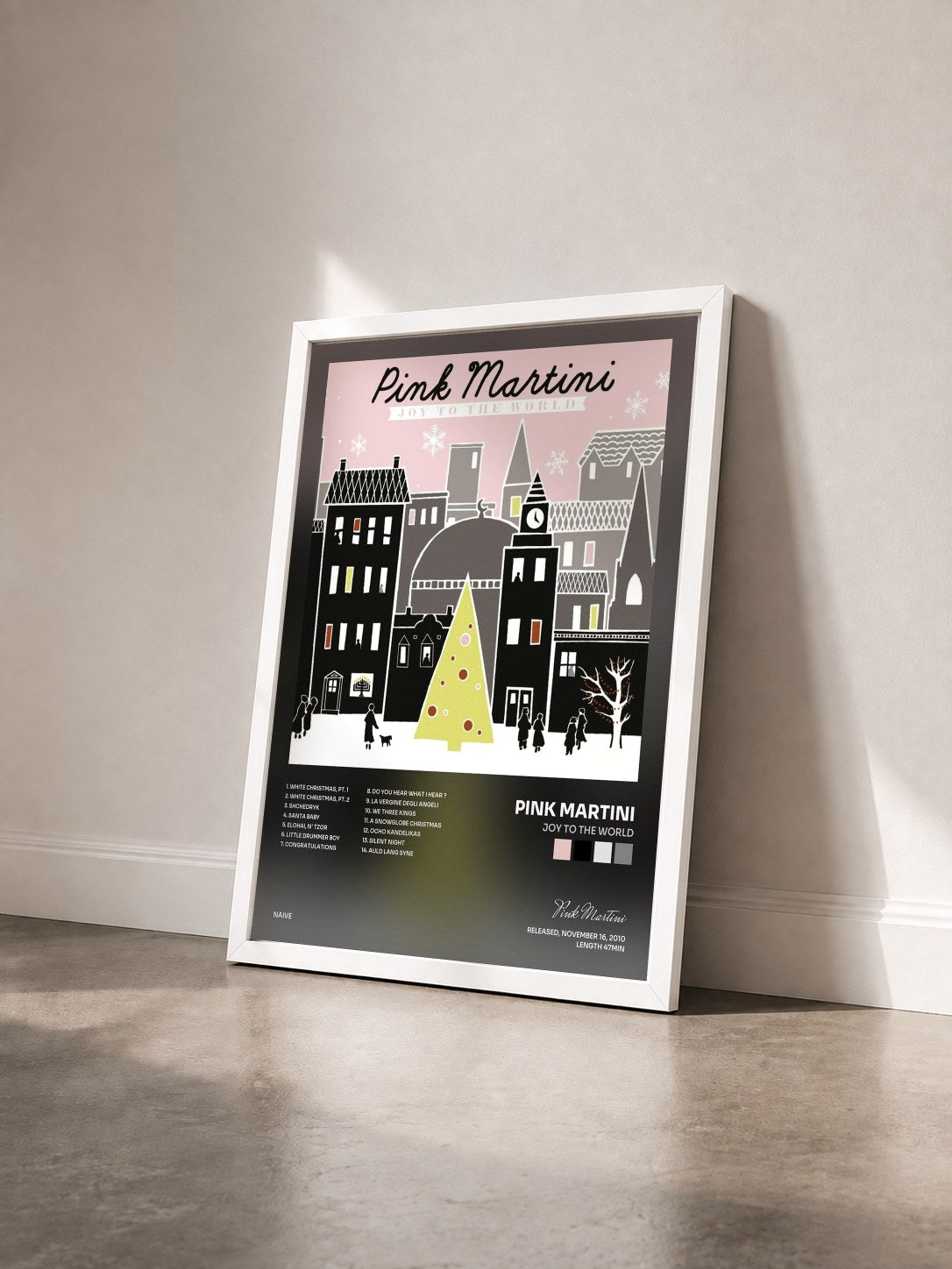 #blanc Tableau de l'album Joy to the World de Pink Martini vu de trois quarts, cadre blanc