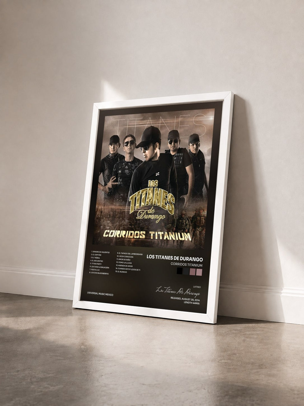 #blanc Tableau de l'album Corridos Titanium de Los Titanes De Durango vu de trois quarts, cadre blanc