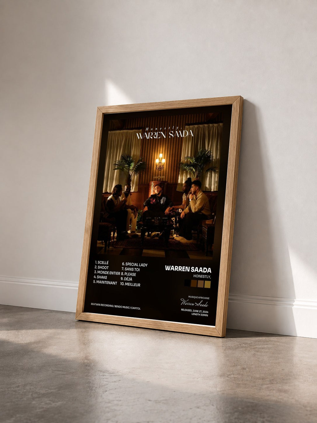#bois Tableau de l'album Honestly, de Warren Saada vu de trois quarts, cadre en bois brut