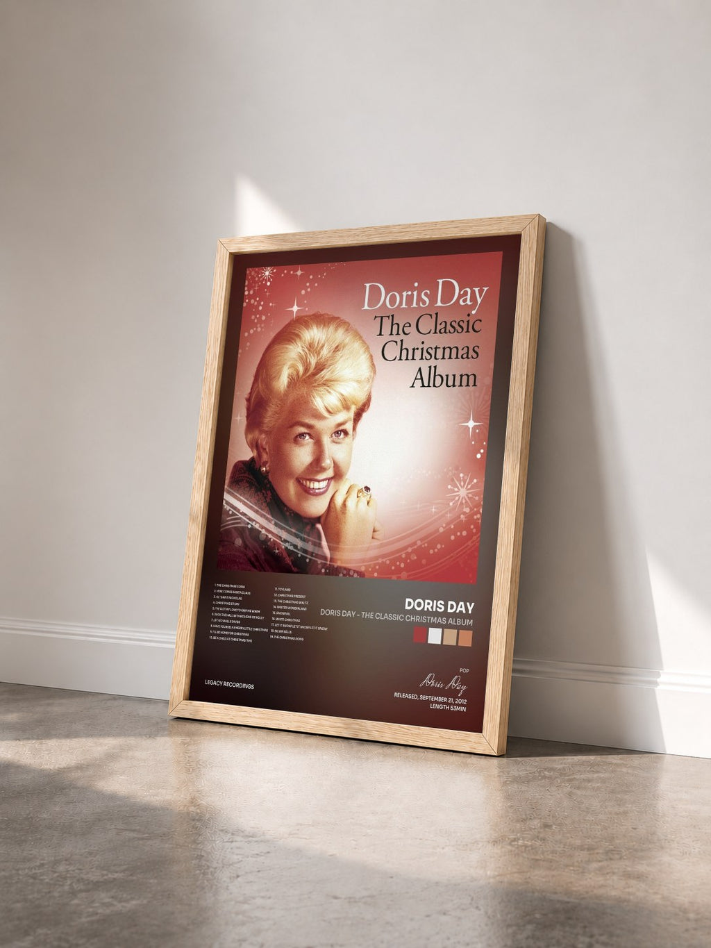 #bois Tableau de l'album Doris Day - The Classic Christmas Album de Doris Day vu de trois quarts, cadre en bois brut