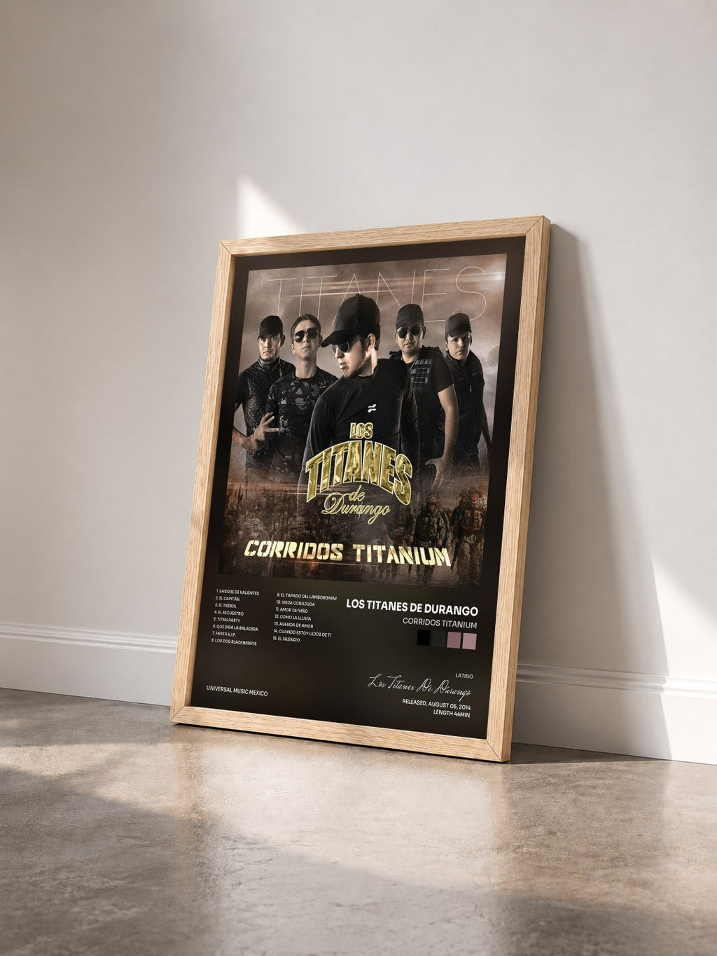 #bois Tableau de l'album Corridos Titanium de Los Titanes De Durango vu de trois quarts, cadre en bois brut