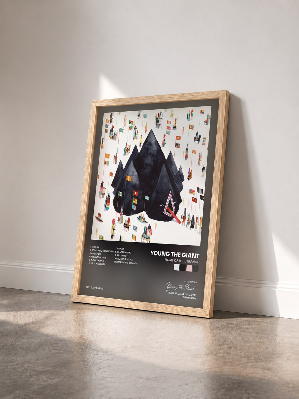 #bois Tableau de l'album Home of the Strange de Young the Giant vu de trois quarts, cadre en bois brut
