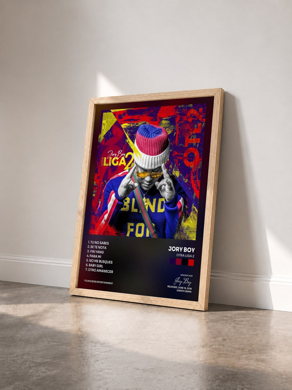 #bois Tableau de l'album Otra Liga 2 de Jory Boy vu de trois quarts, cadre en bois brut