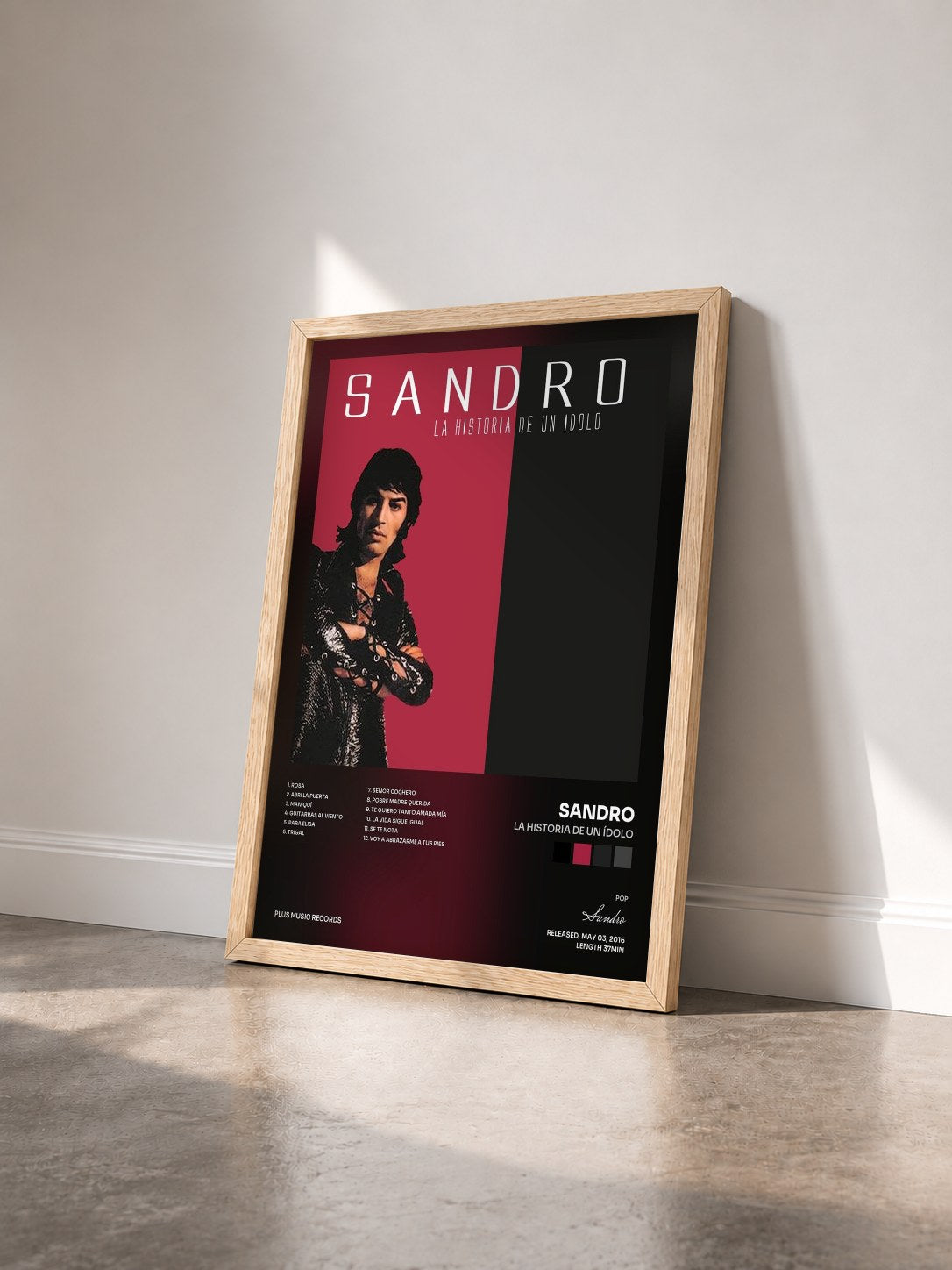 #bois Tableau de l'album La Historia de un Ídolo de Sandro vu de trois quarts, cadre en bois brut
