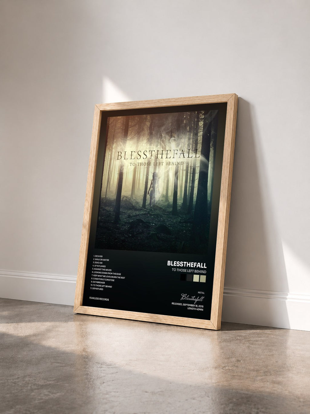#bois Tableau de l'album To Those Left Behind de Blessthefall vu de trois quarts, cadre en bois brut
