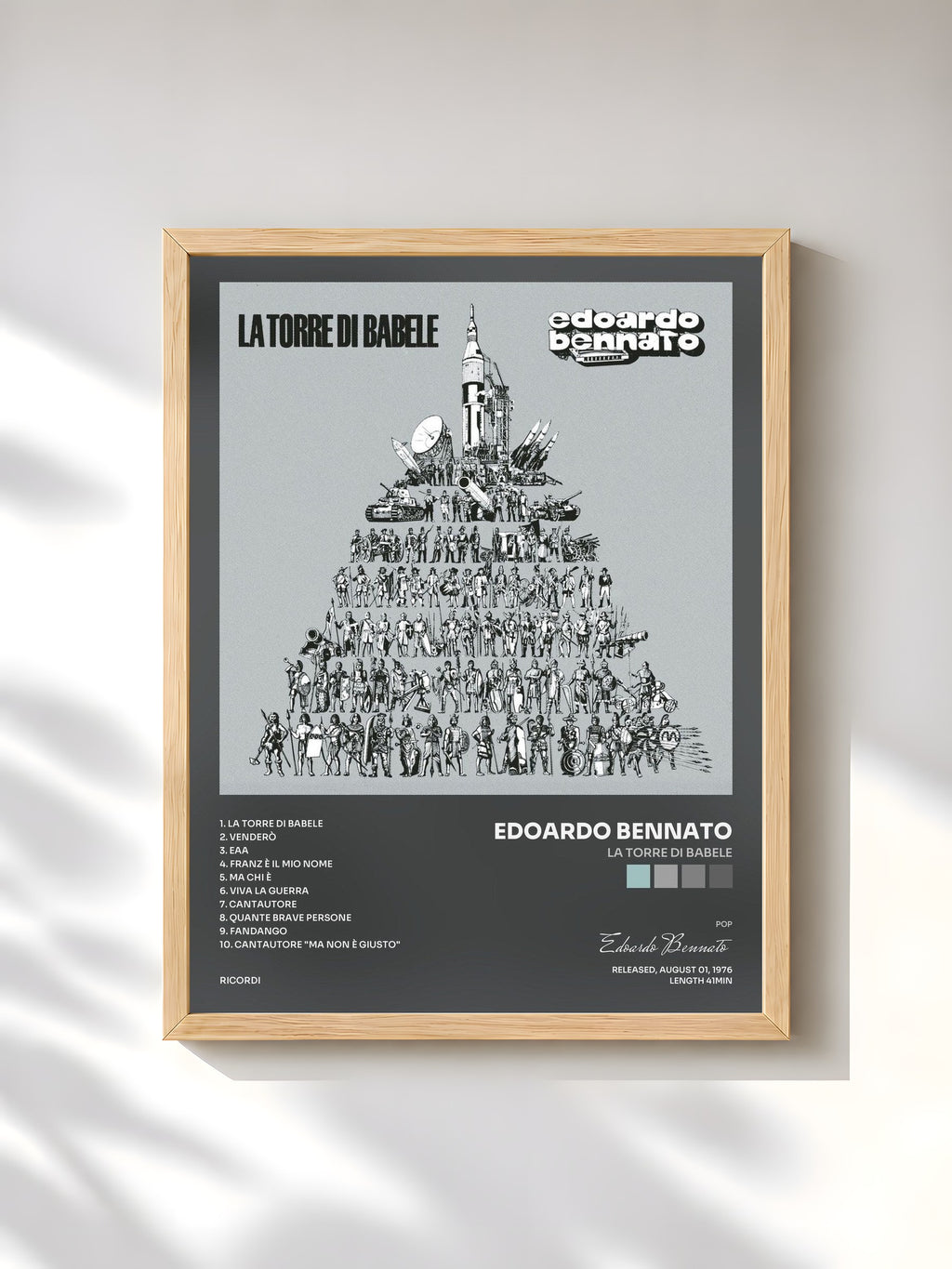 #bois Tableau de l'album La Torre Di Babele de Edoardo Bennato, cadre en bois brut, imprimé et encadré en France