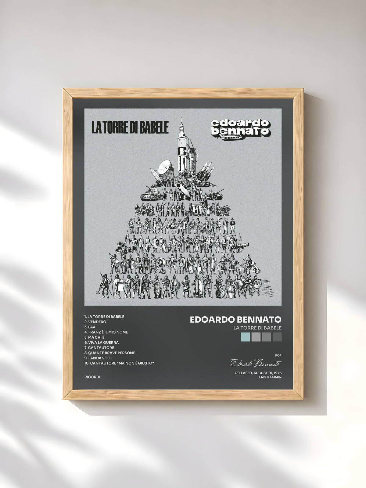 #bois Tableau de l'album La Torre Di Babele de Edoardo Bennato, cadre en bois brut, imprimé et encadré en France