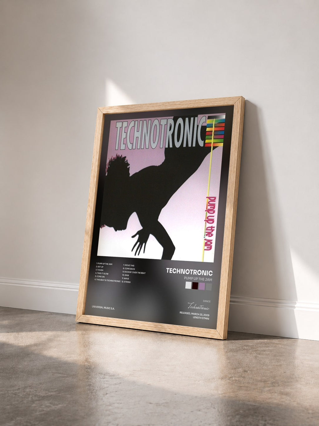 #bois Tableau de l'album Pump Up The Jam de Technotronic vu de trois quarts, cadre en bois brut